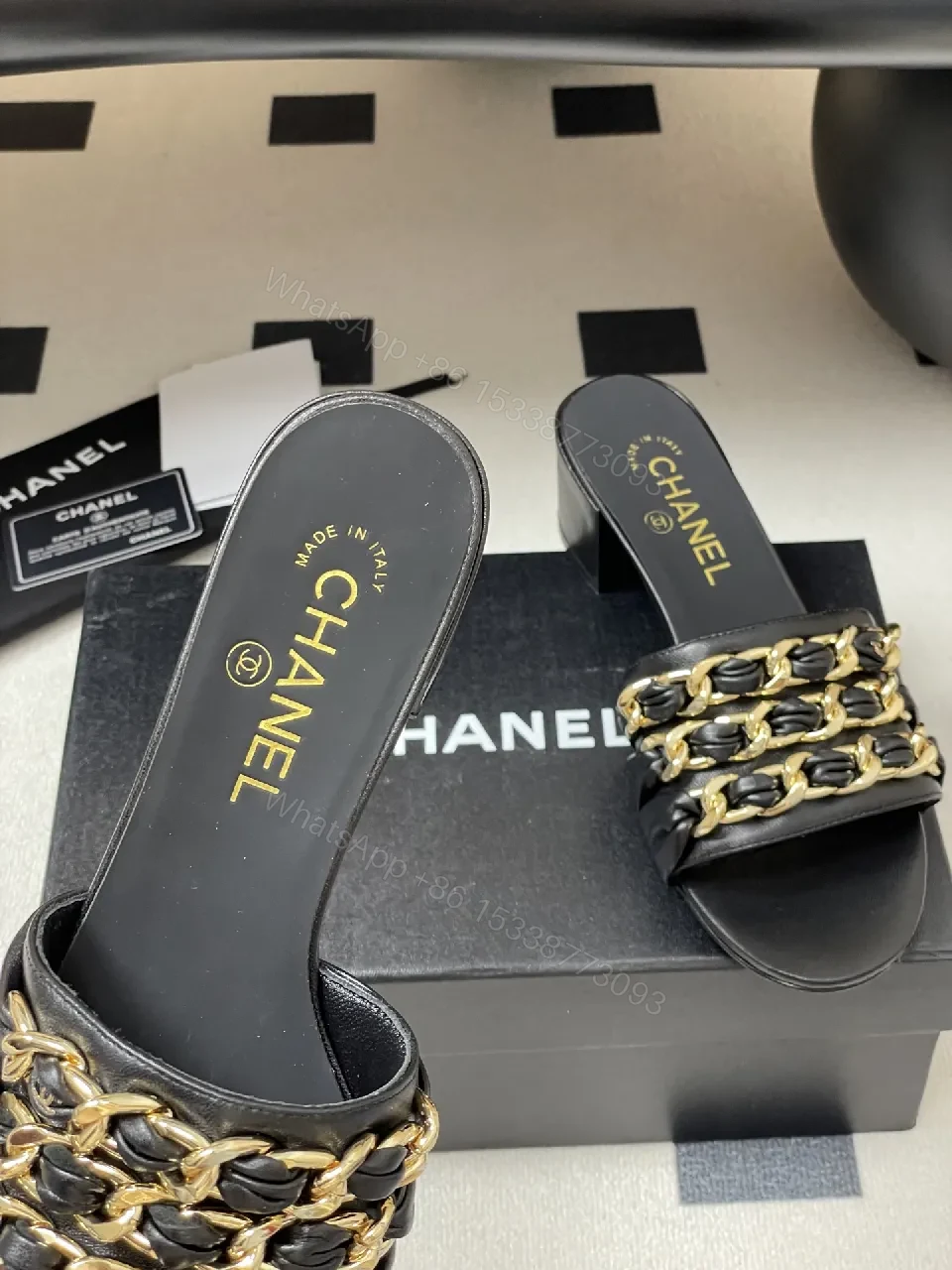 View 4 of Black Leather Slide Sandals with Gold Chain Detail: Luxe Everyday