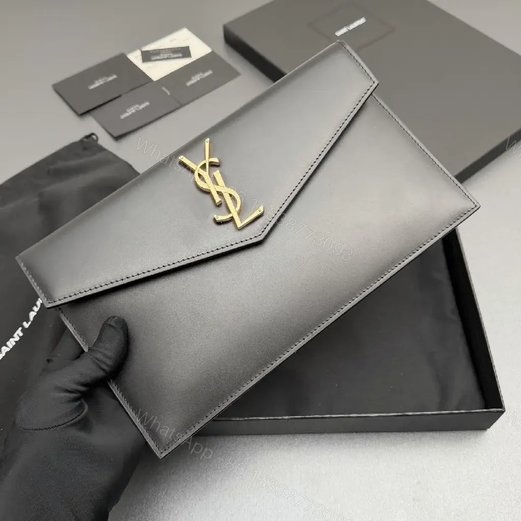 View 9 of Minimalist Leather Clutch with Gold Hardware, Envelope Style