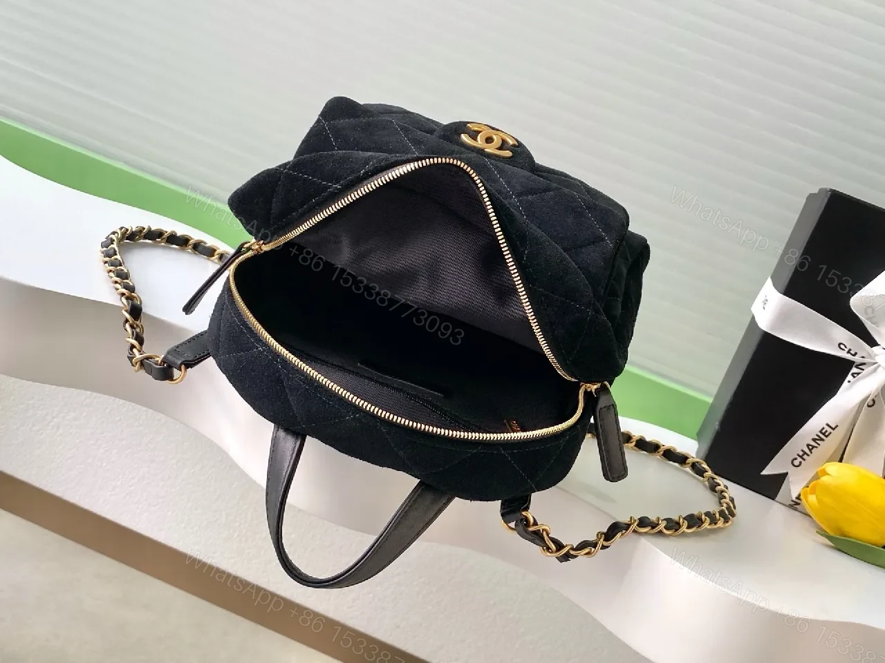 View 4 of Quilted Velvet Backpack with Gold Hardware