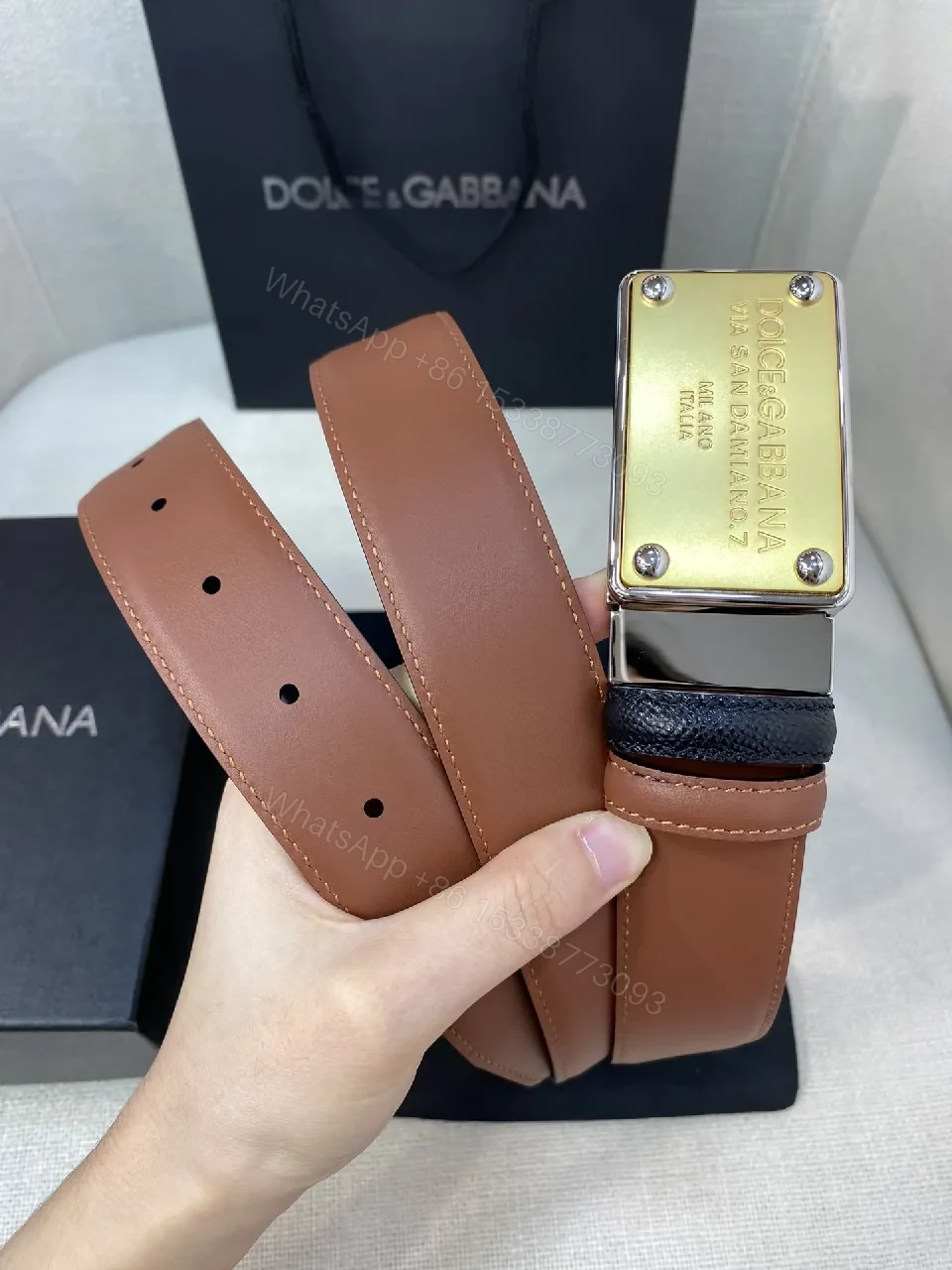 View 2 of Slim Leather Belt with Gold Plate Buckle - Luxury Everyday Accessory