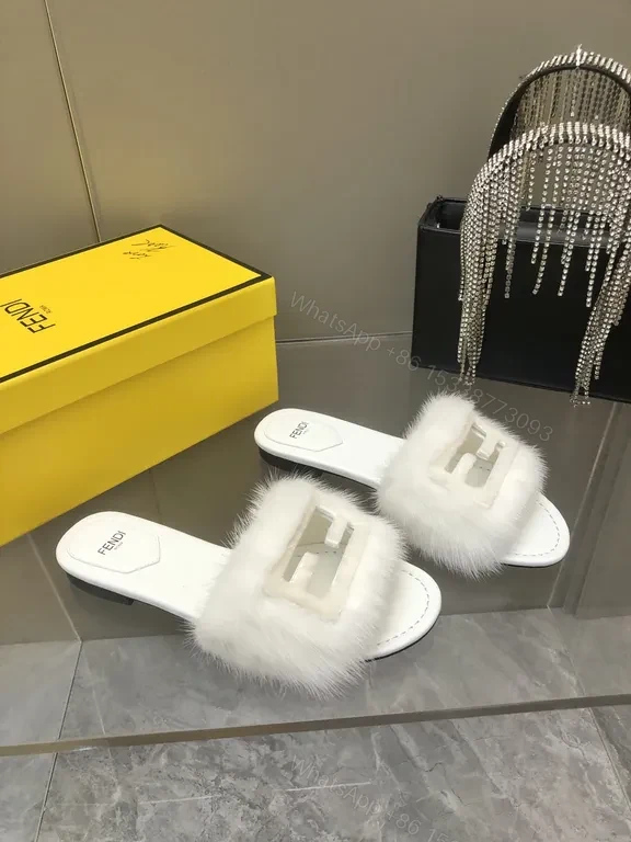 View 8 of White Faux-Fur Rim Slide Sandals: Luxury Comfort, Minimalist Chic