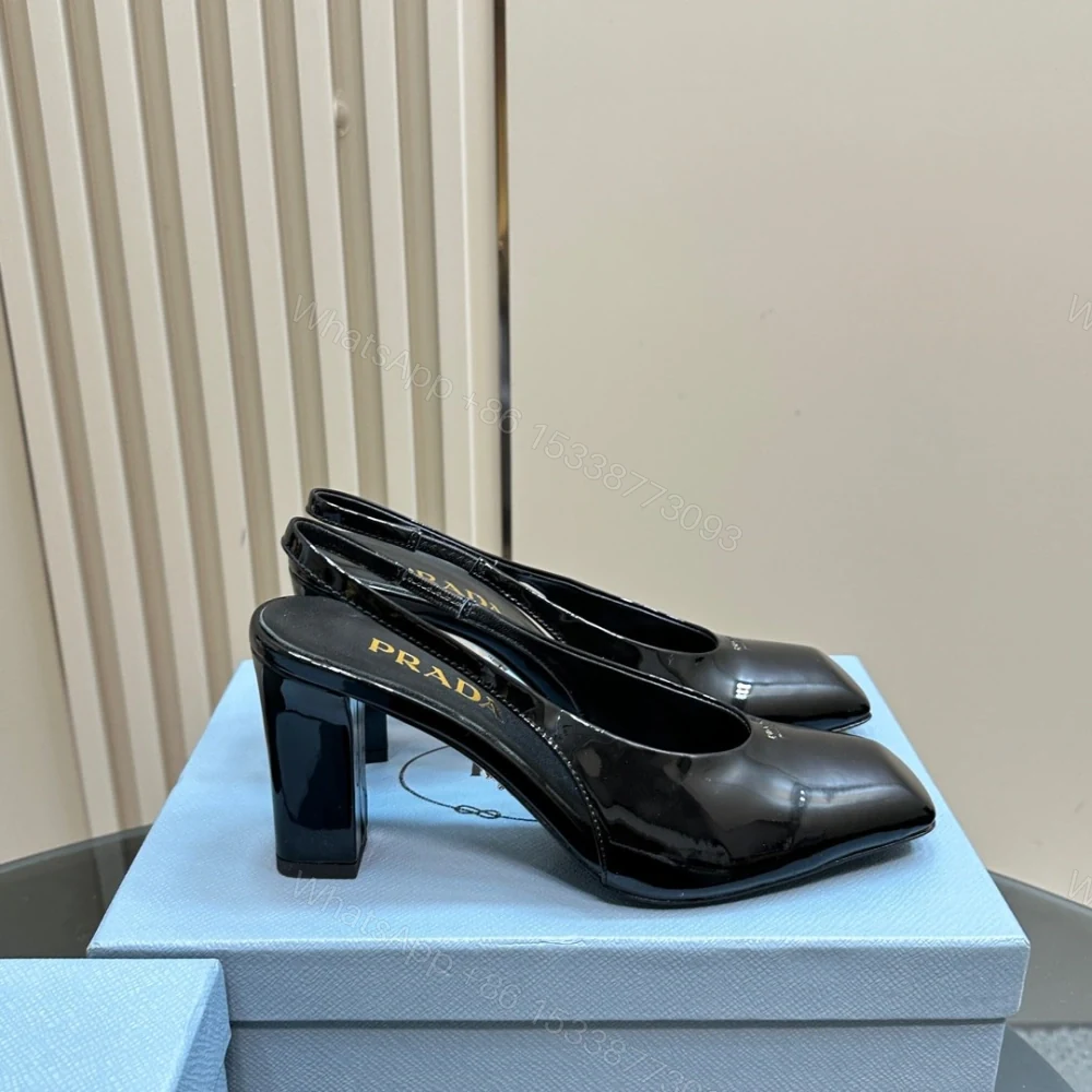 View 4 of 高仿Prada*1I838N方頭粗踭露跟鞋8.5CM漆皮黑色免檢版