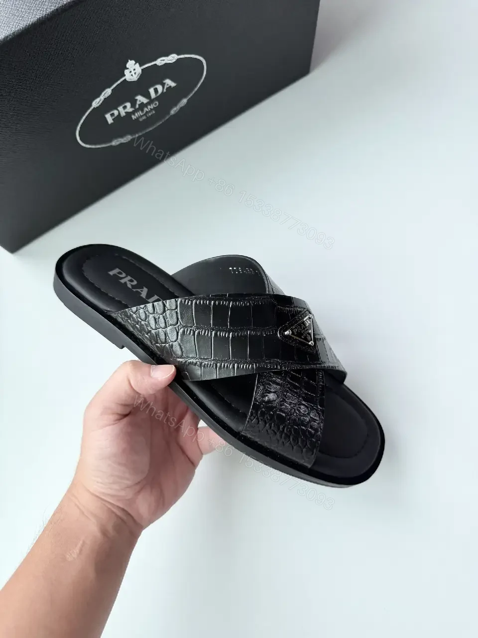 View 7 of Black Leather Quilted Prada Slides, Wide Strap, Luxury Sandals
