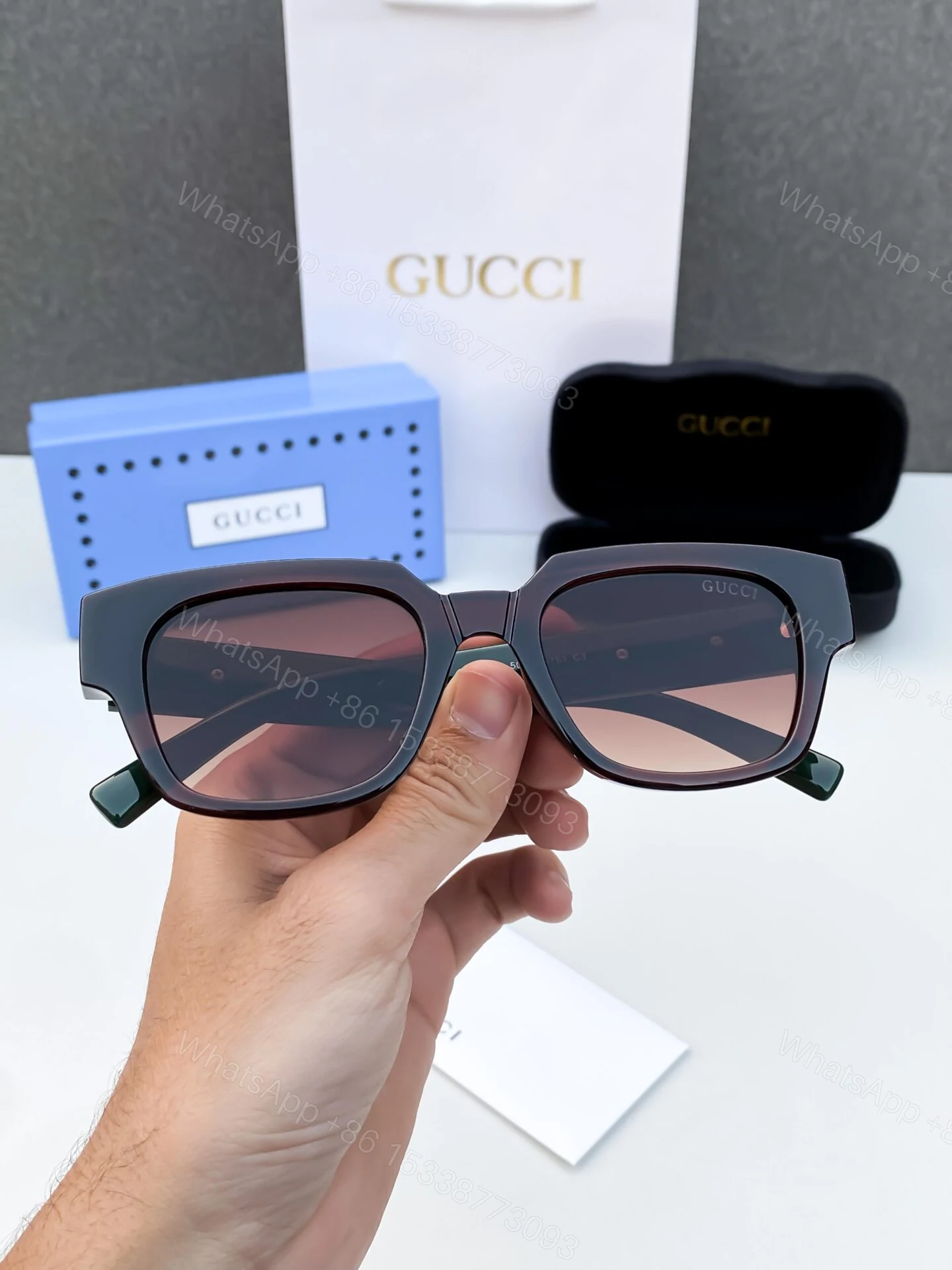 View 3 of Gucci Inspired Square Sunglasses Black Brown Gradient
