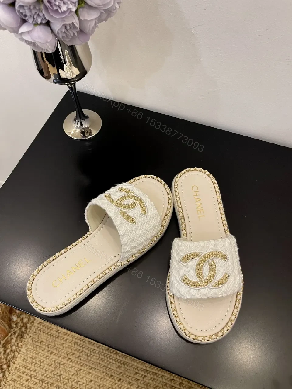 View 2 of White + Leather-like + Slip-On + Gold Chain Detail + Sandals
