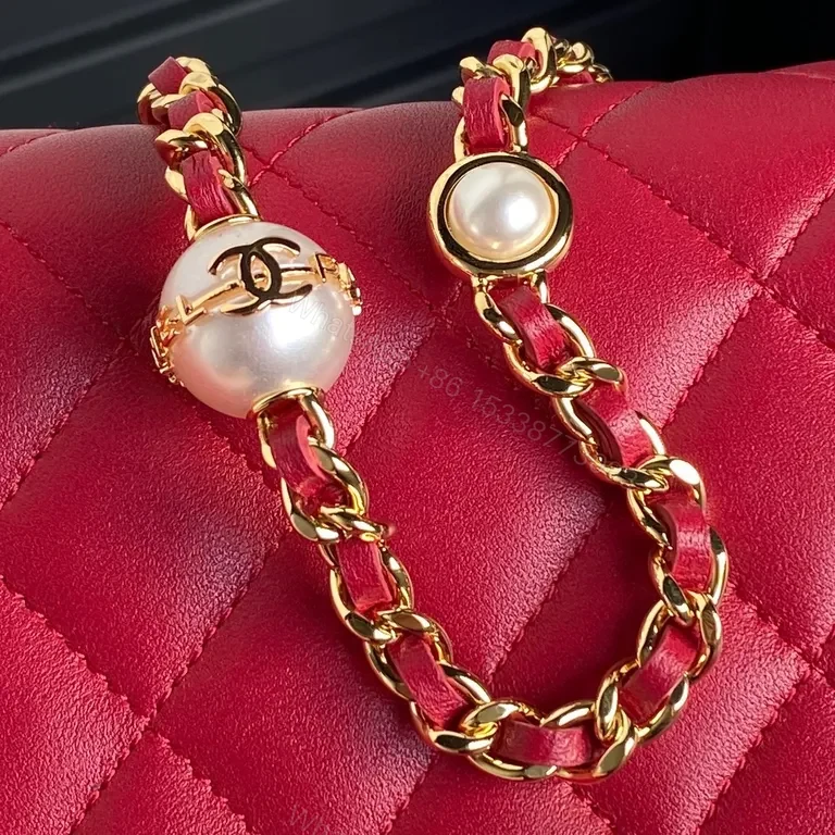 View 8 of Crimson Quilted Flap Bag: Luxe Compact Classic Chain-Charms