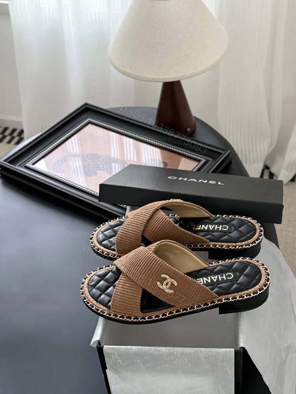 View 4 of Leather-Wrapped Espadrille Slides with Knit Strap, Quilted Footbed