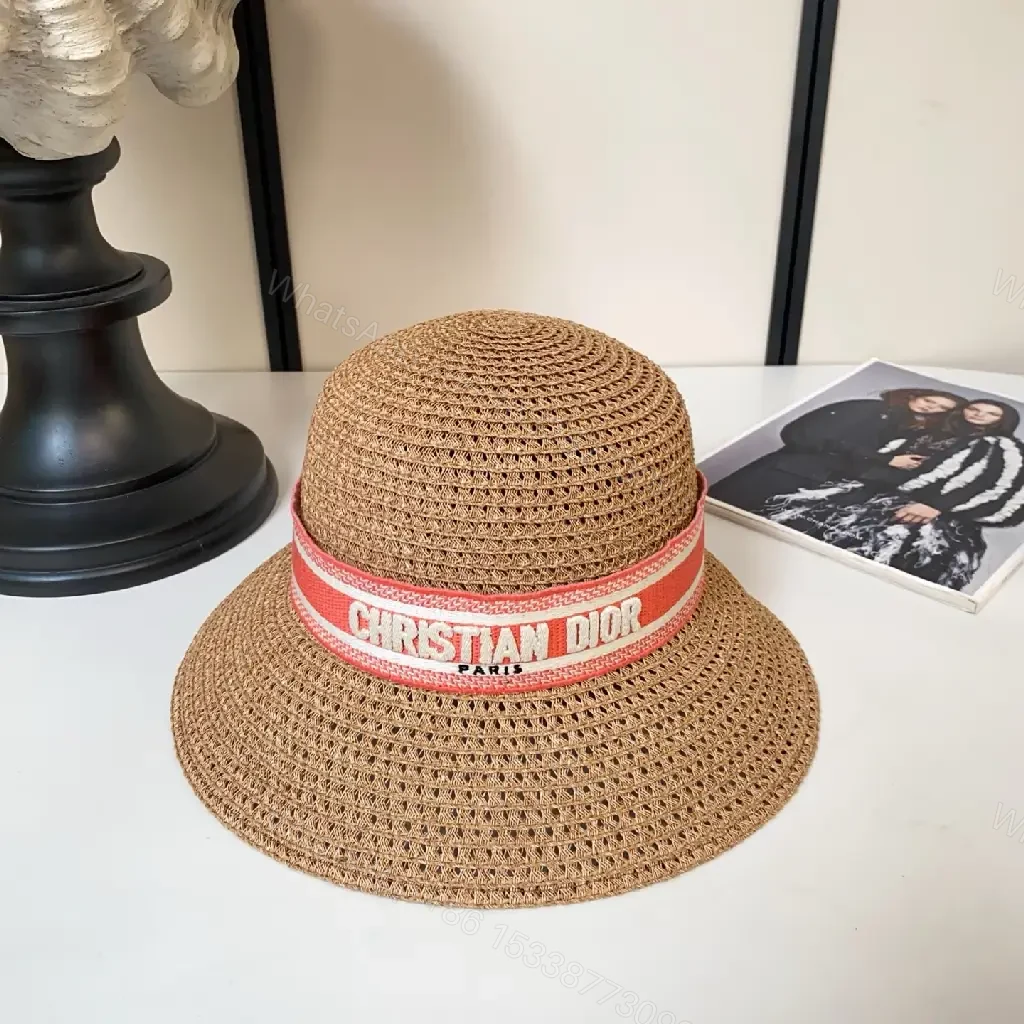 View 8 of Light Brown Straw Hat Wide Brim Red Dior Band Hat