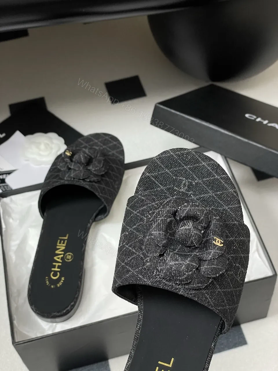 View 5 of Quilted Tweed Slides with Camellia Charm, Open-Back Luxury