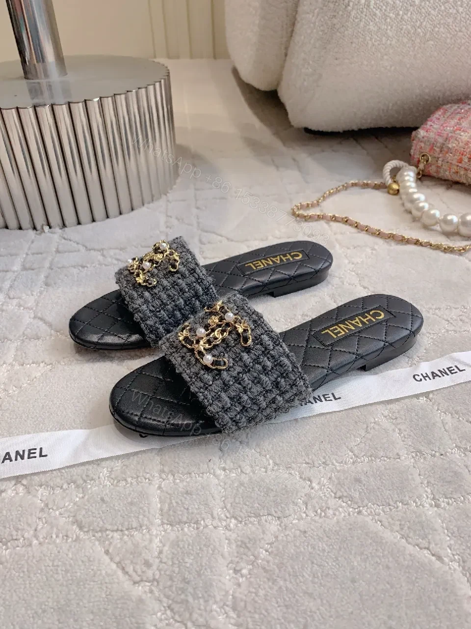 View 8 of Textured Tweed Slide Sandals with Interlock Detail