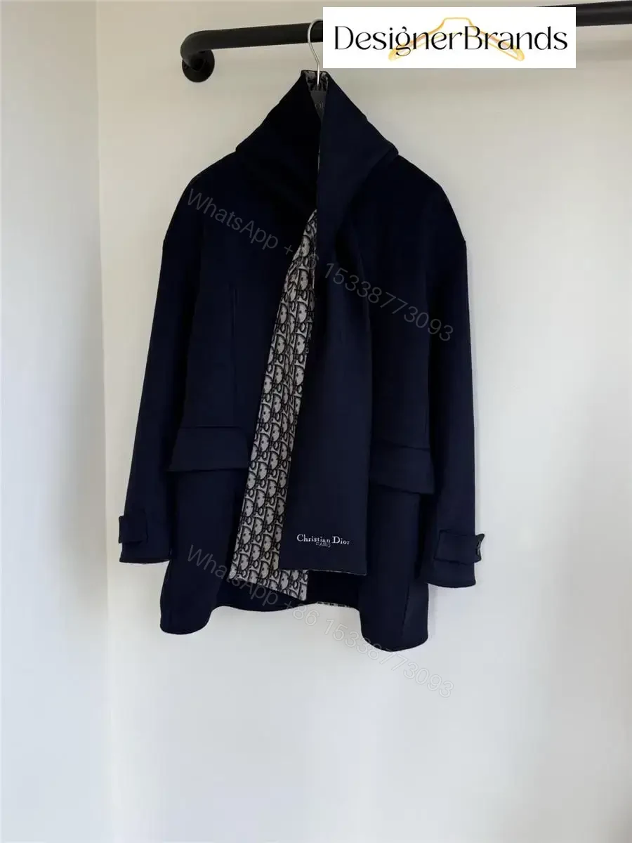 View 2 of Navy Wool-Blend Coat: Structured, Hidden Scarf Lining