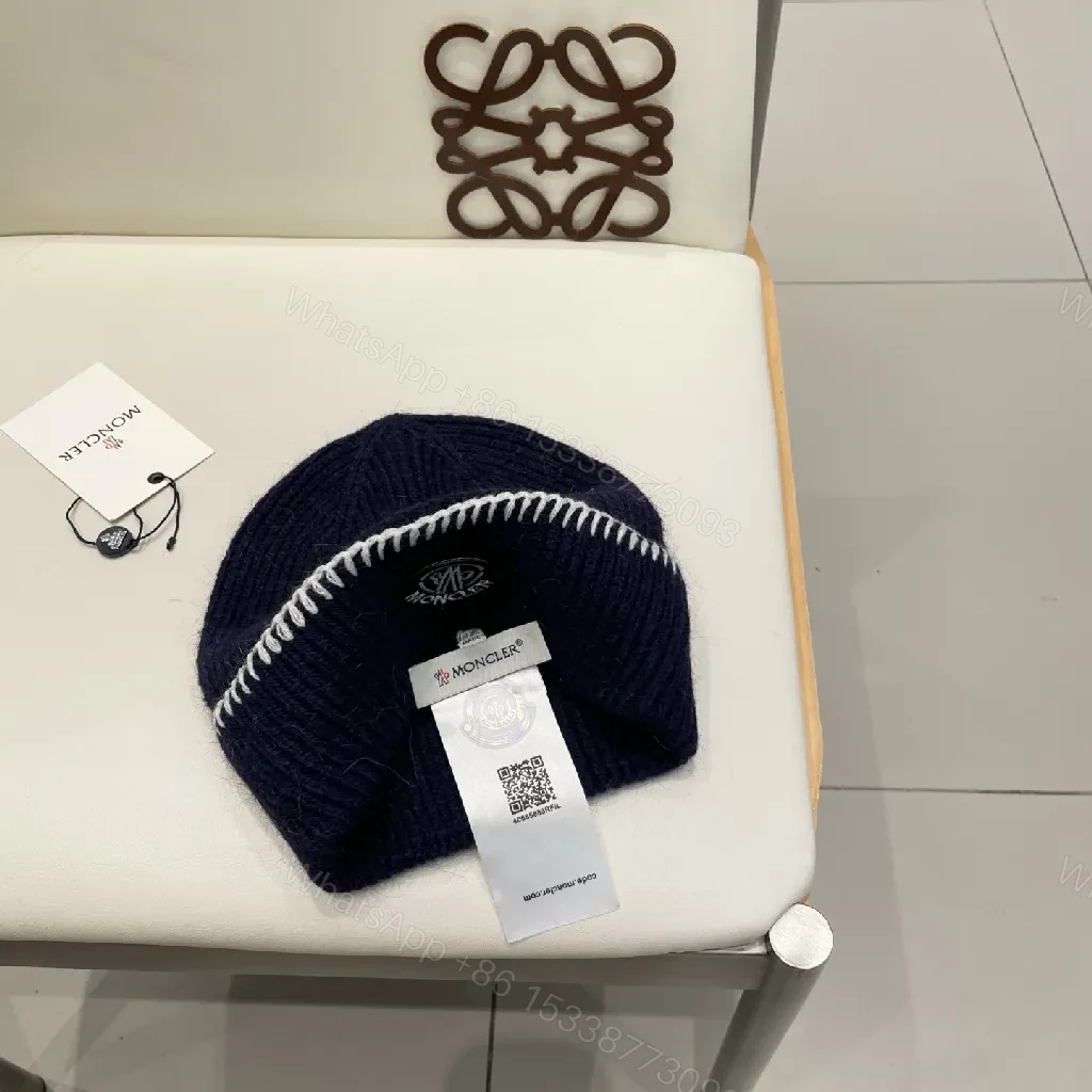 View 3 of Navy Knit Beanie with Contrast Stitch, Fold-Over Cuff