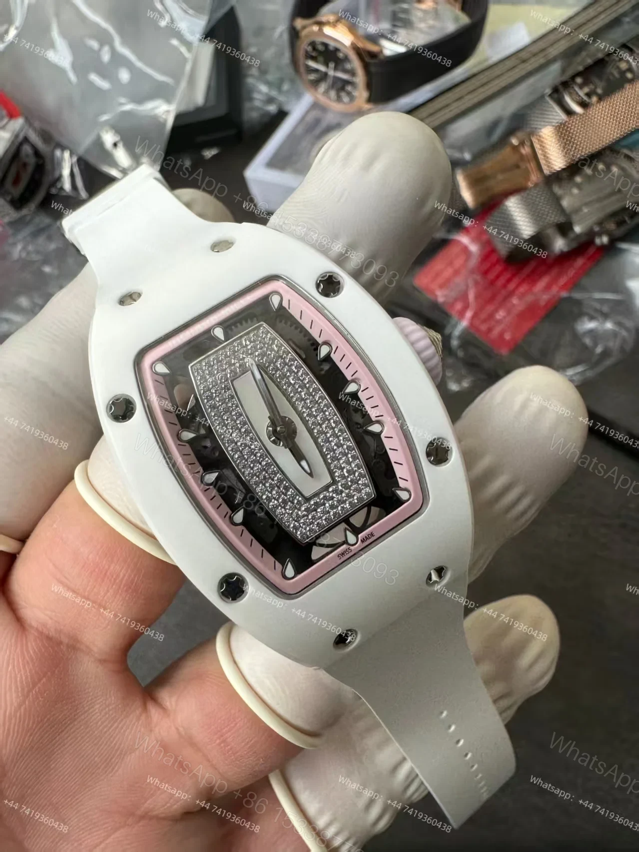 View 7 of Super Clone Richard Mille RM 07-01 White Ceramic Pink Diamond 1:1 Replica Watch