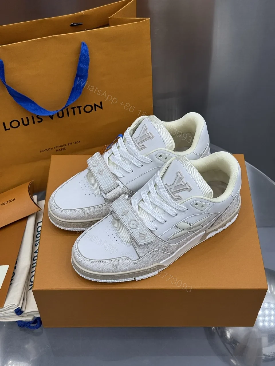 White Leather-Texture High-Top Sneakers with Velcro — view 1