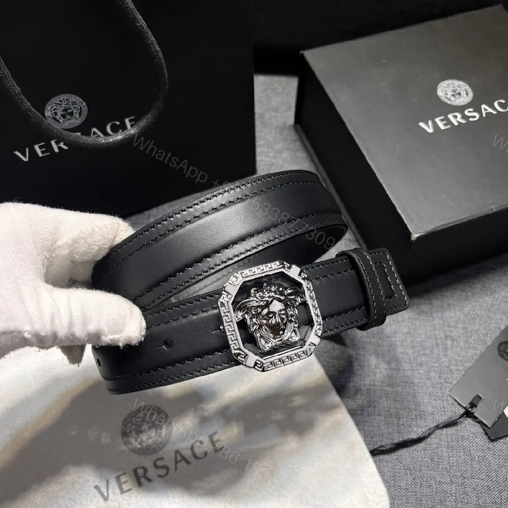 View 3 of Bold Black Leather Belt with Medusa Buckle - Crystalline Edge Accessory