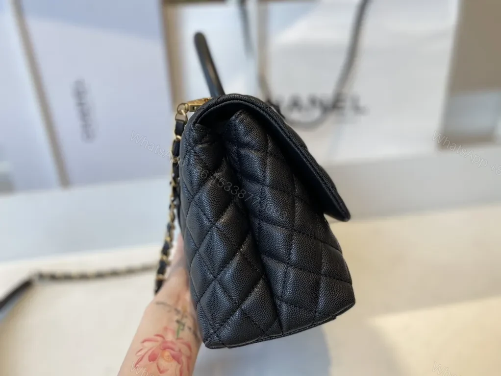 View 7 of Black Quilted Leather Bag with Gold Hardware â€“ Classic Chic Style, Top-Handle/Chain Straps, Compact Dressy Essential