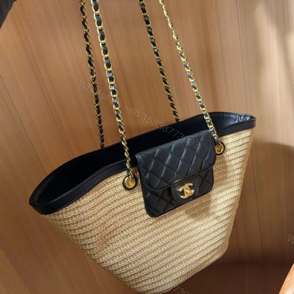 View 4 of Chanel Small Shopping Bag Braided Straw Beige Black 25Cm