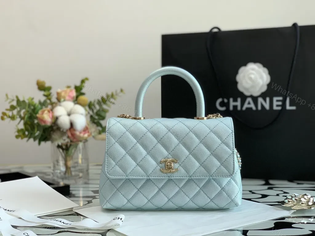 Pastel Blue Quilted Bag with Gold CC Accents - Luxe Compact Purse — view 1