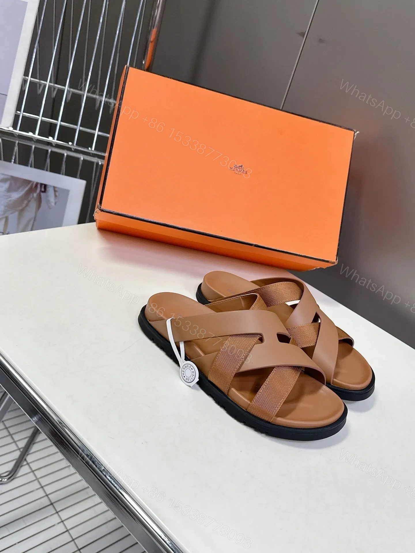 View 3 of Hermes Women Tan Leather And Fabric Sandals