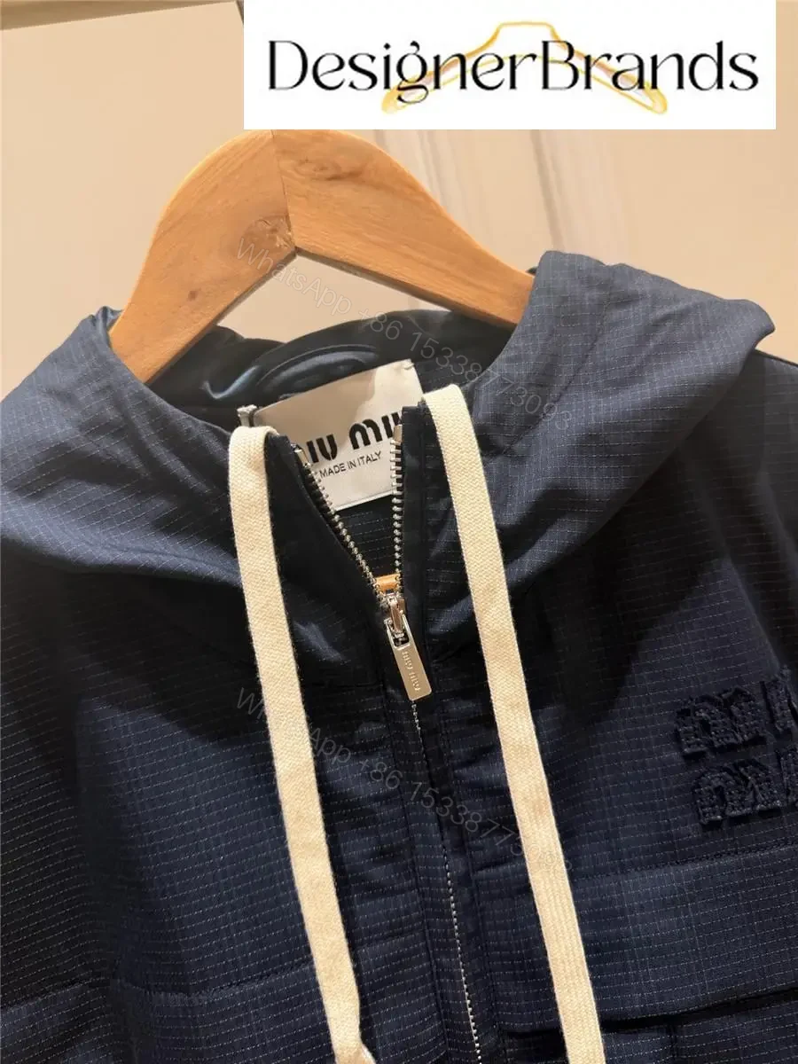 View 3 of Miu Miu Dark Blue Drawstring Hooded Parka