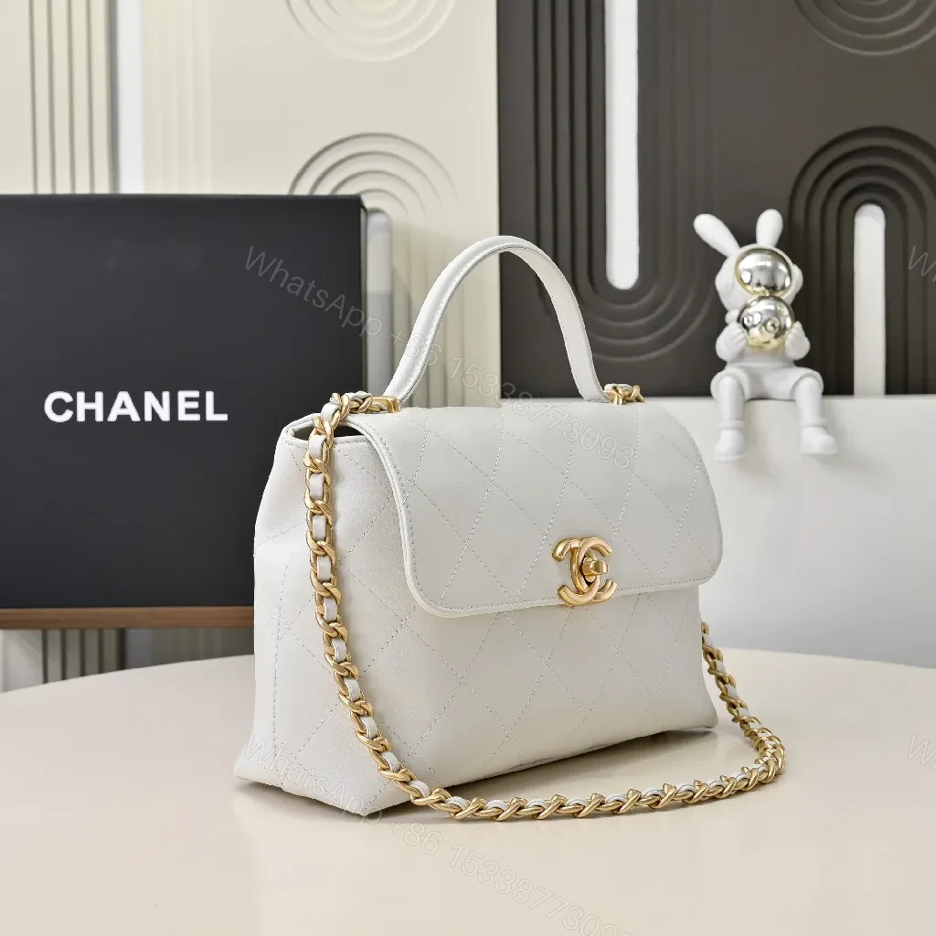 View 7 of White Quilted Flap Bag, Gold Clasp, Chain-Interlace Carrying Style, Luxury LivingBag