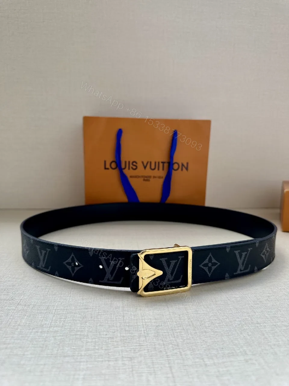 Monogram Belt: Modern Luxury Black Leather Style, Gold Buckle — view 1