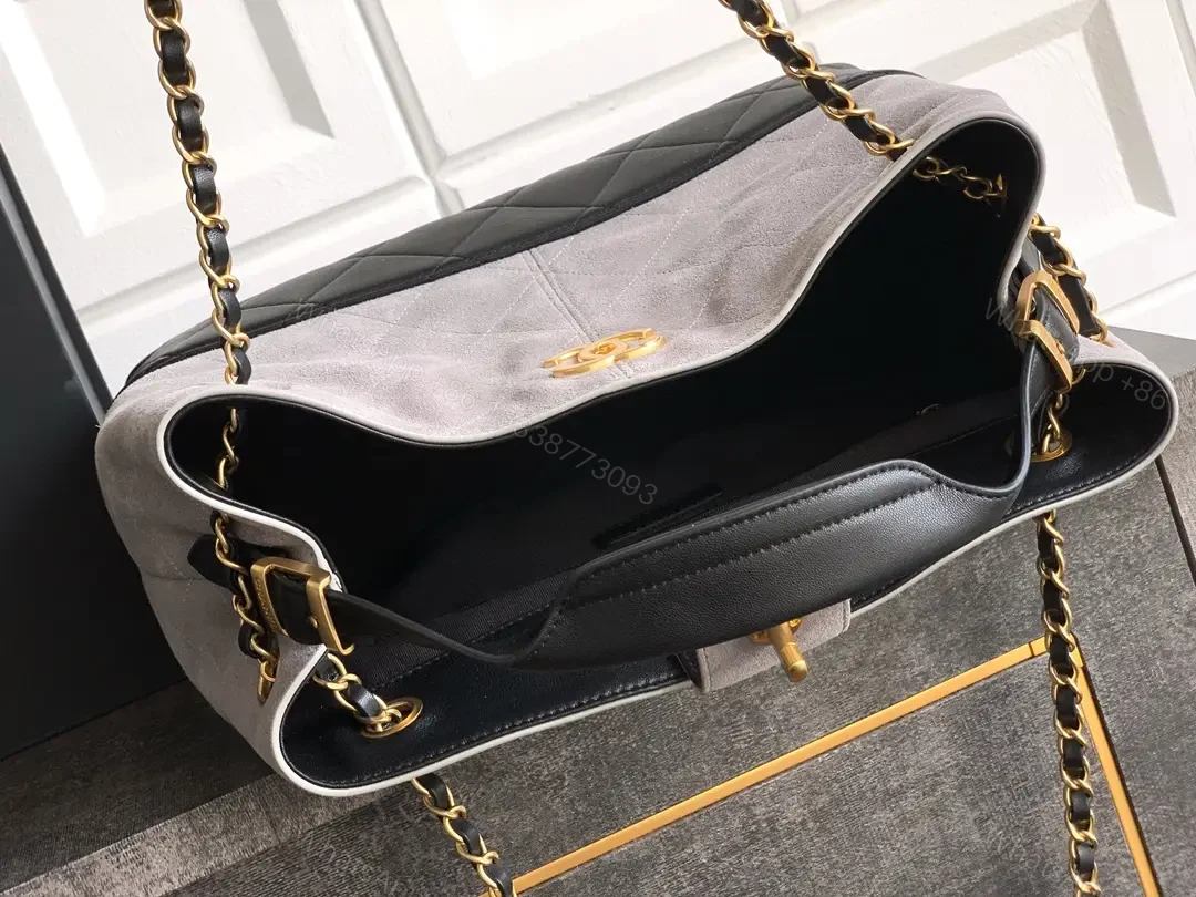 View 3 of Two-Tone Taupe/Black Quilted Tote with Gold Chain Strap