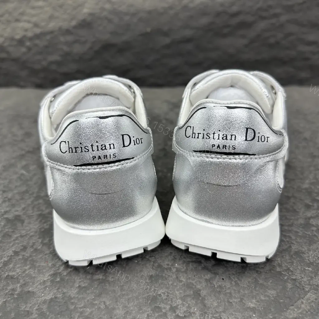 View 8 of Silver Metallic Leather Trainers with Mesh Panels, Chunky Sole, Dior-Style Motif Sneaker