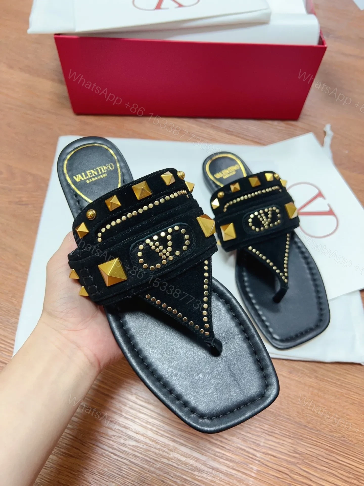 View 4 of Valentino Women Black Suede Studded Sandals