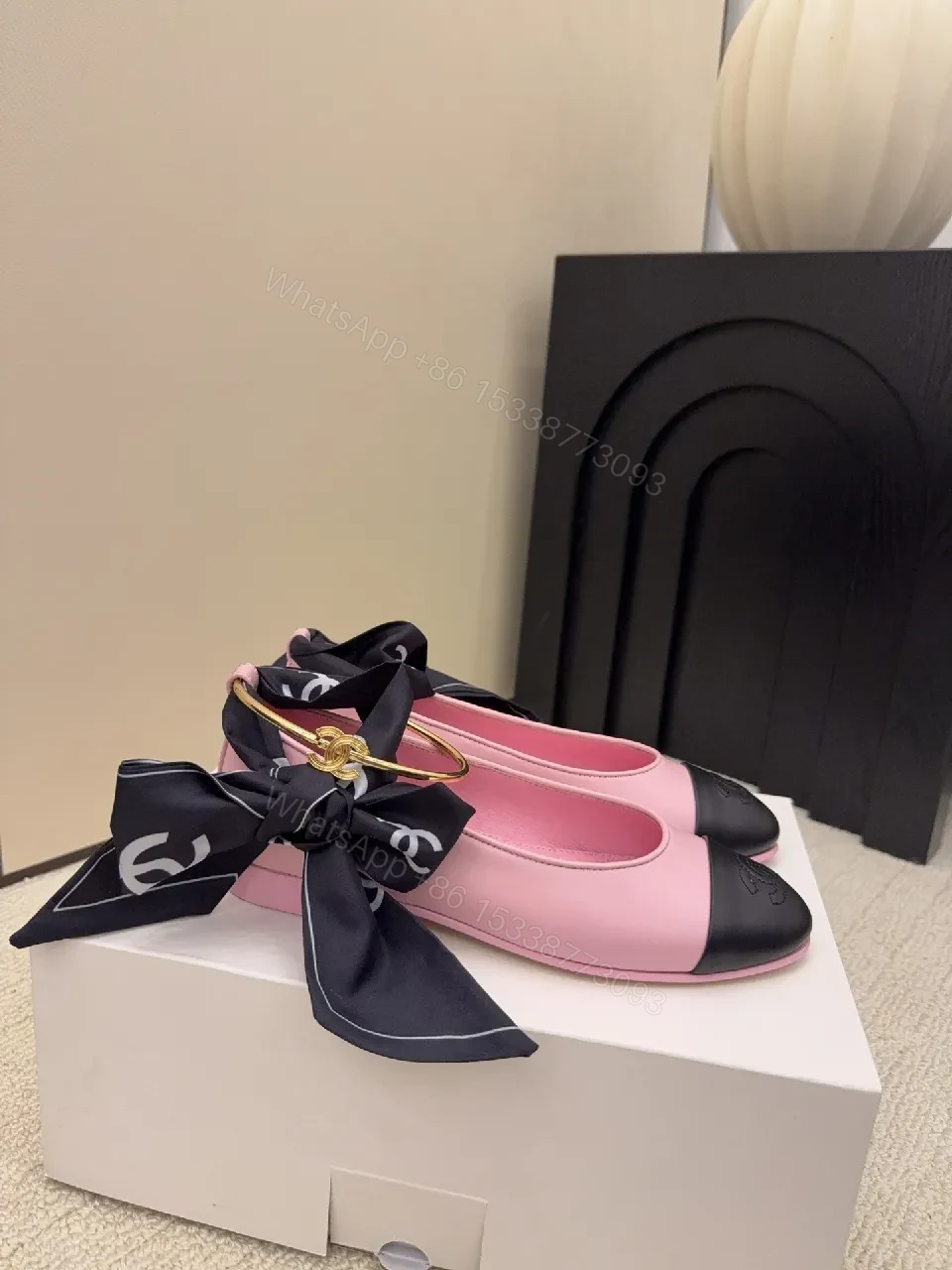 View 8 of Pink Quilted Leather Ballet Flats with Gold Hoop Accent - Cap Toe Detail