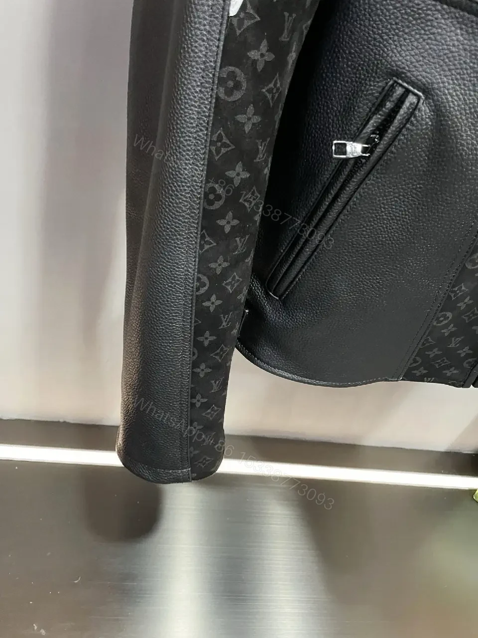 View 9 of Bold Contrast Leather Jacket Monogram Panels, Luxe Style