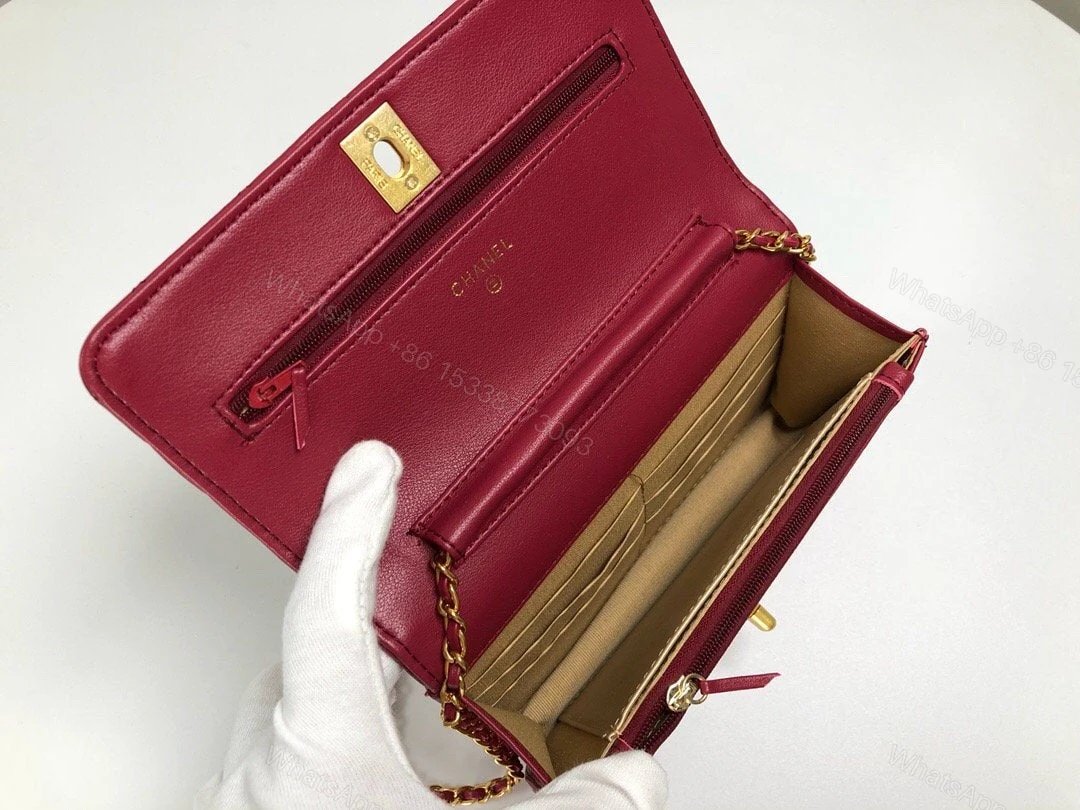 View 8 of WALLET ON CHAIN Grained Shiny Calfskin & Gold-Tone Metal Dark Burgundy