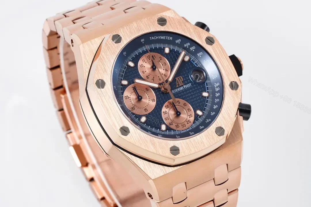 View 2 of JF Factory Audemars Piguet Royal Oak Offshore Rose Gold Steel Bracelet Watch with Blue Dial and 4404 Chronograph Movement