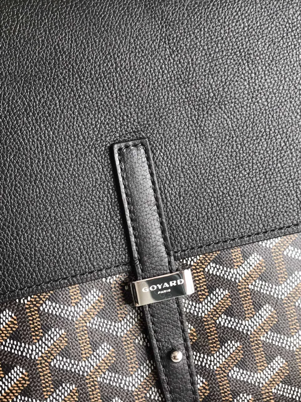 View 9 of Structured Black Leather & Patterned Panel Crossbody Bag