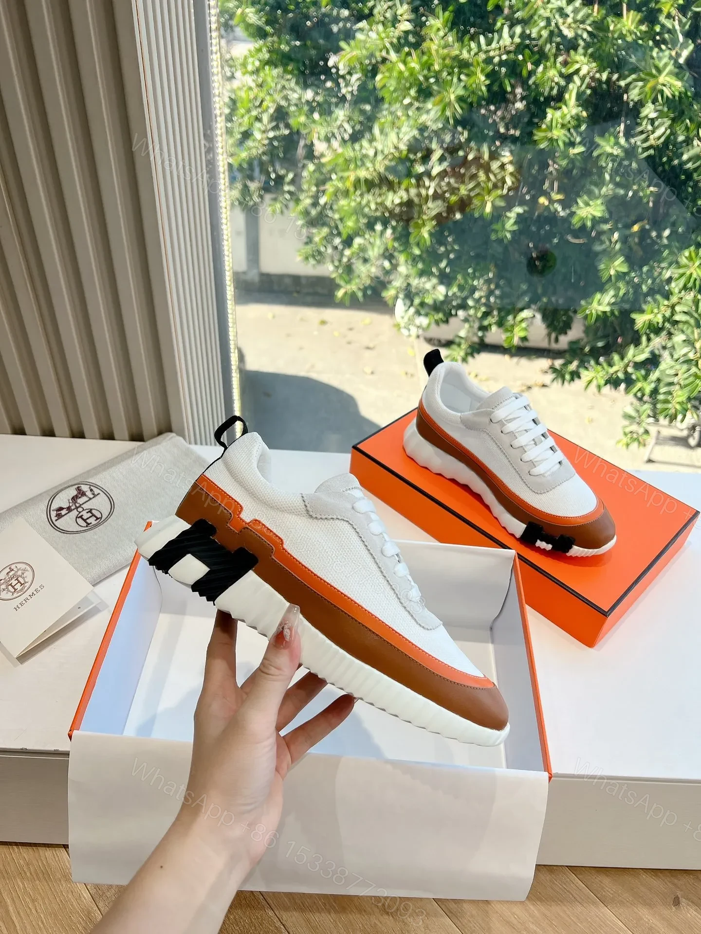 View 4 of Hermes Women White Brown Leather Mesh Sneakers