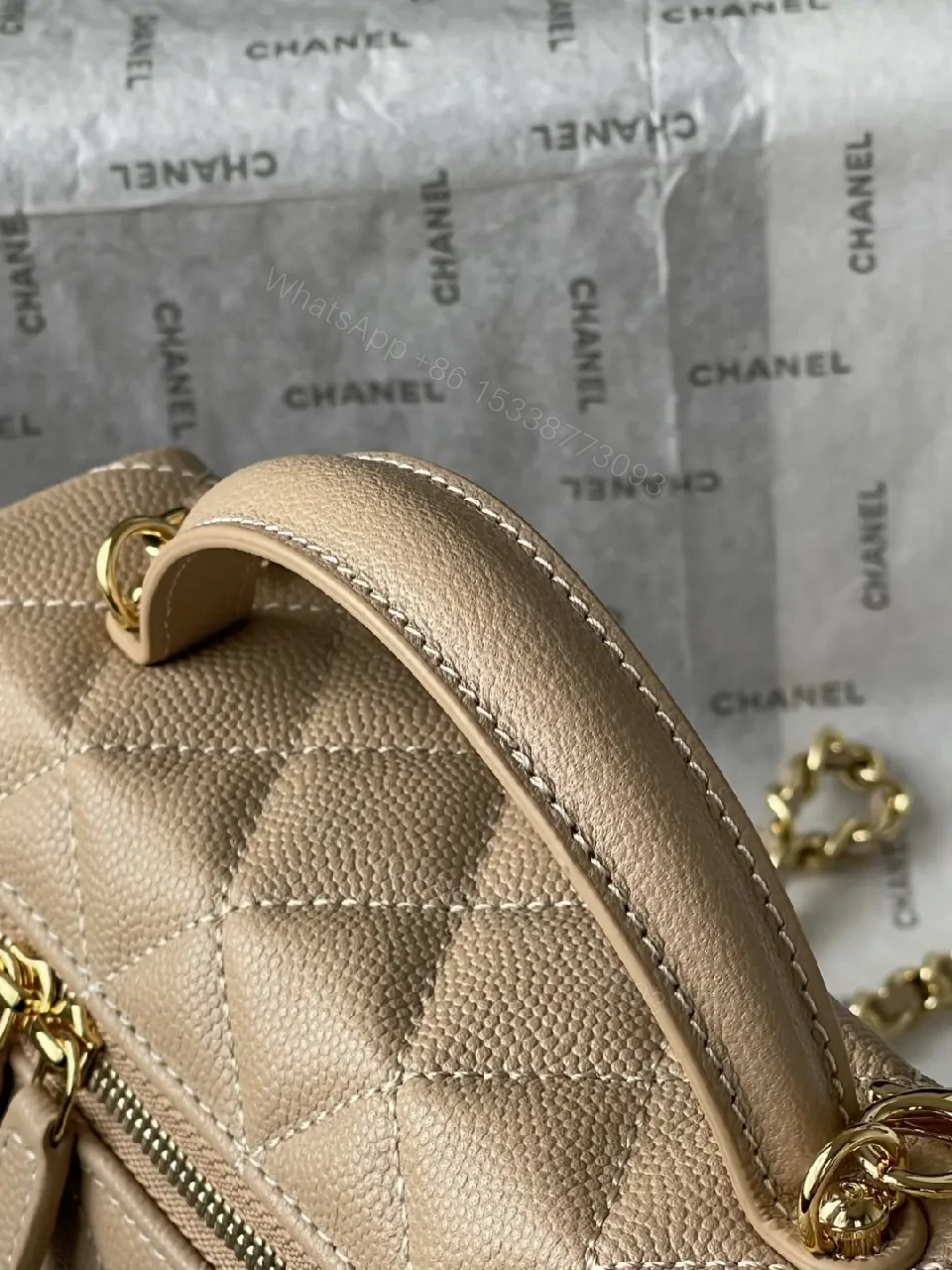 View 3 of Taupe Quilted Crossbody: Lambskin, Gold Chain, Classic Glamour