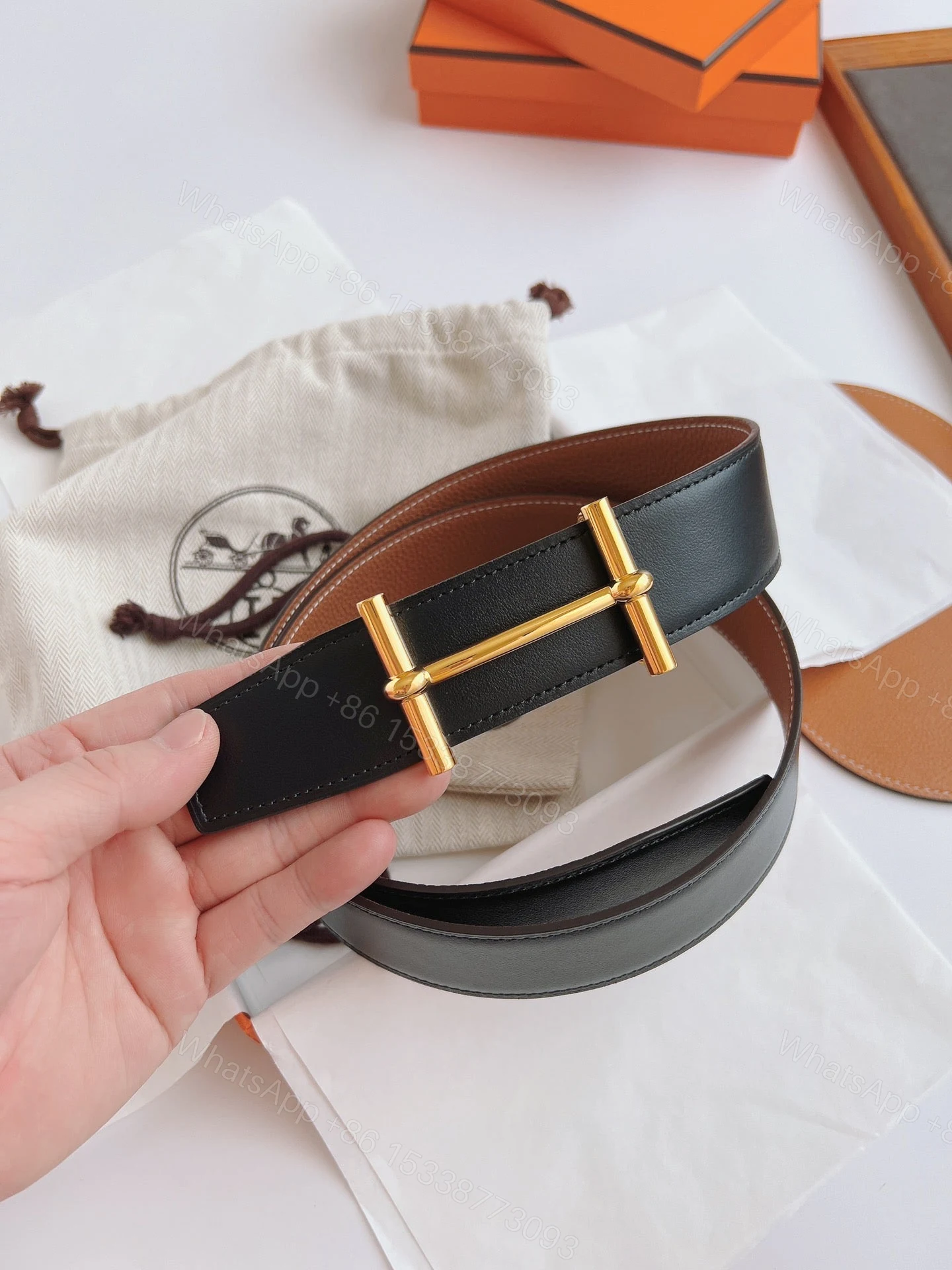 View 3 of HERMES LEATHER BELT GOLD BUCKLE BLACK 38MM
