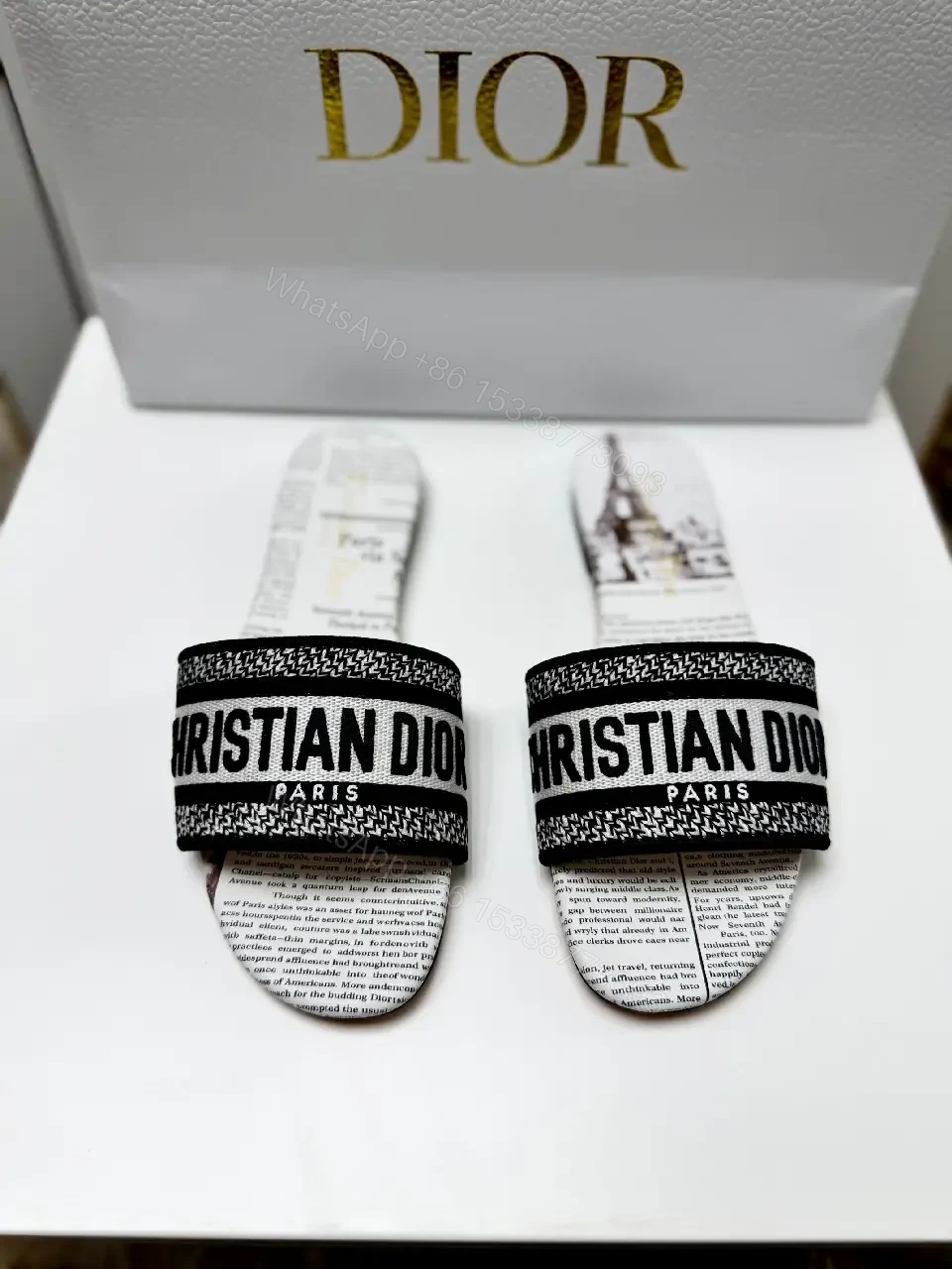 View 7 of white textile slide sandal with monogram pattern luxury logo strap for everyday luxury