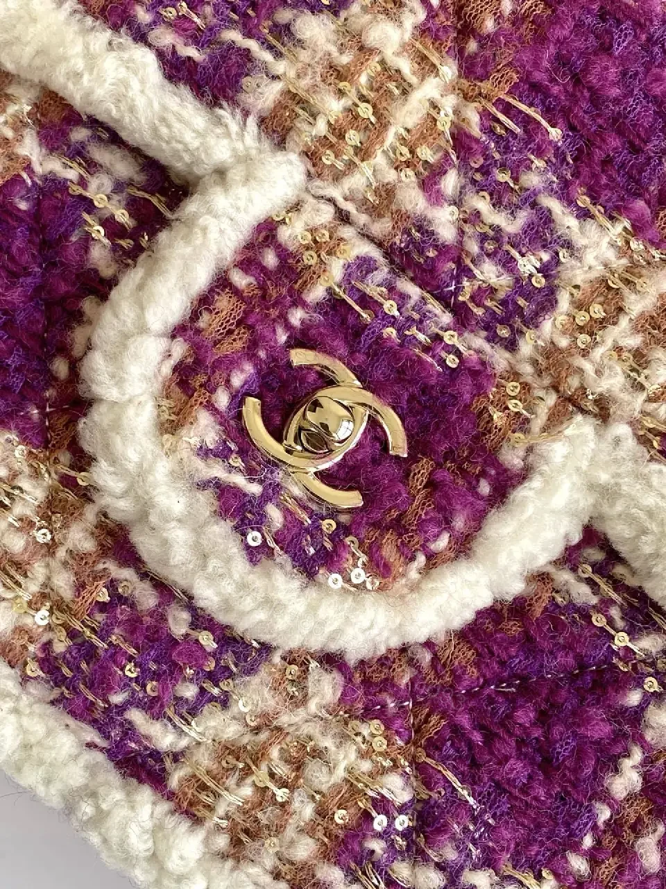 View 7 of Bouclé Texture Shearling-Trim Chain Flap Bag, Compact Chic