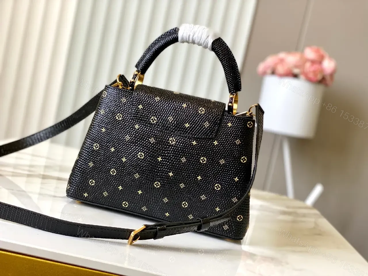View 10 of Chic Satchel in Textured Leather with Gold Hardware