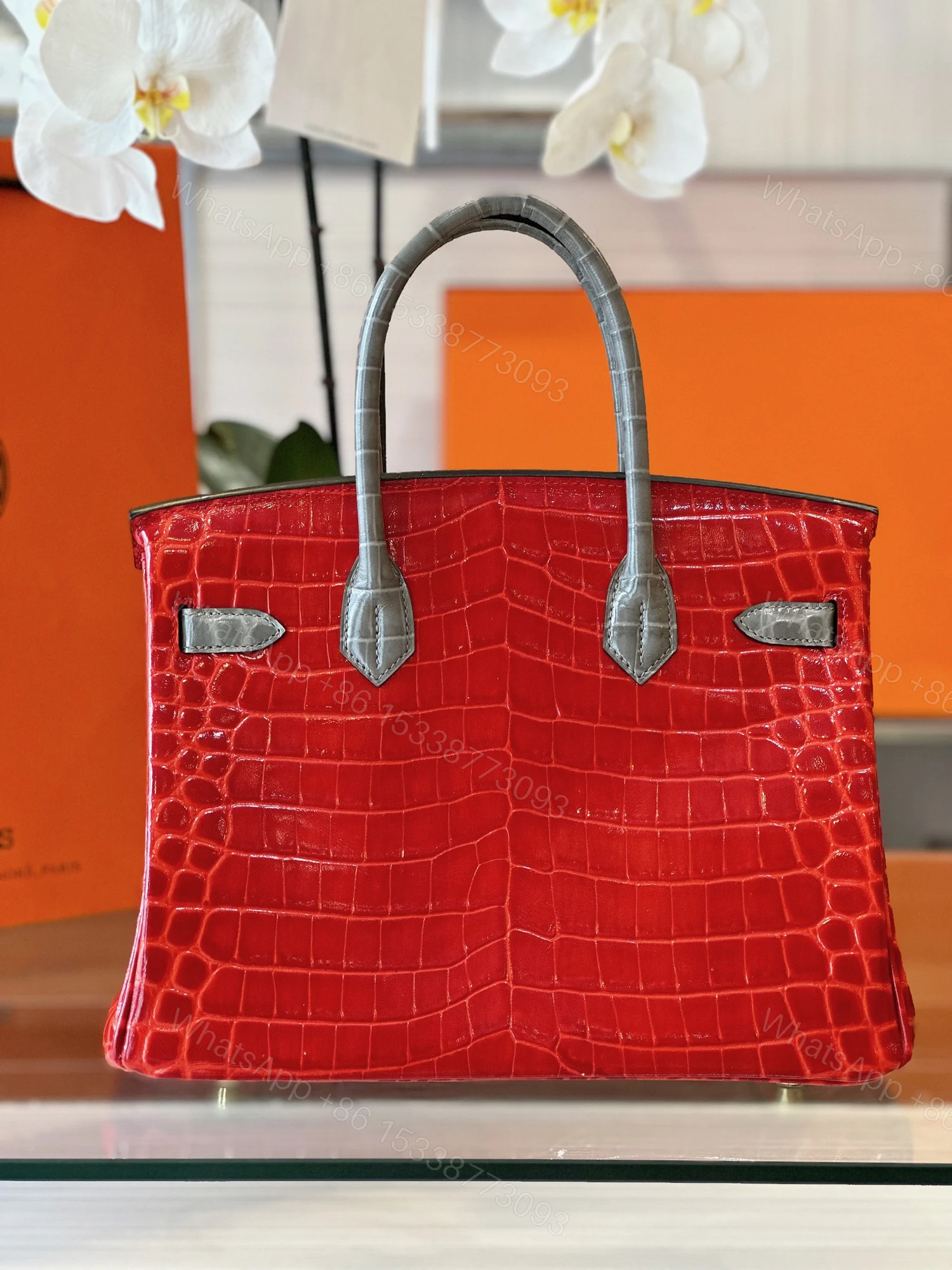View 7 of Hermes Birkin 30 Red/Liam Blue Genuine Crocodile Leather Gold Hardware. – Custom Made
