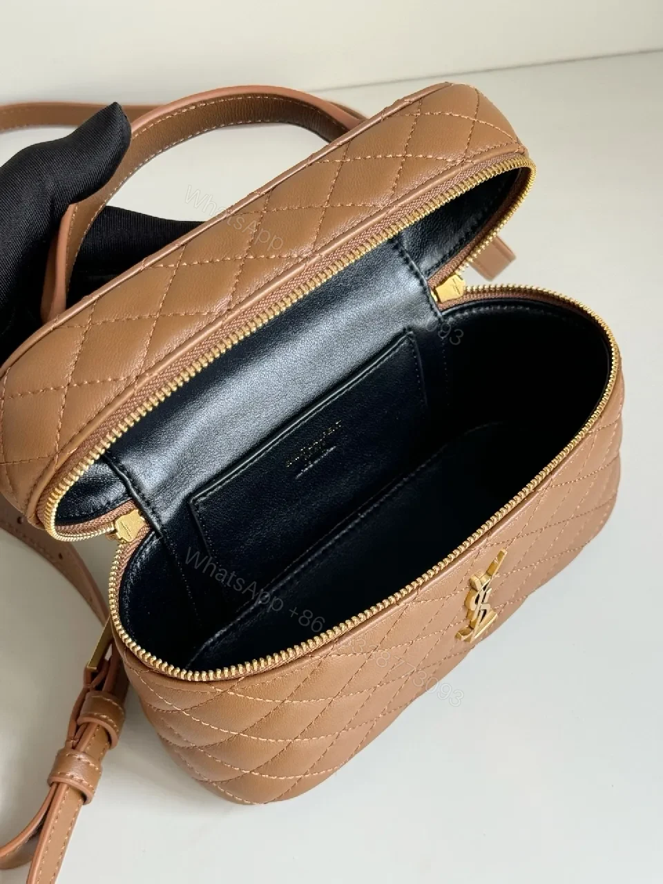 View 8 of Compact Quilted Leather Crossbody with Gold Hardware