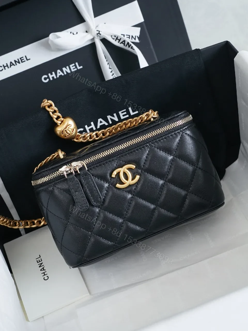 Quilted Black Crossbody Bag + Gold Chain + Compact Luxury Bag — view 1