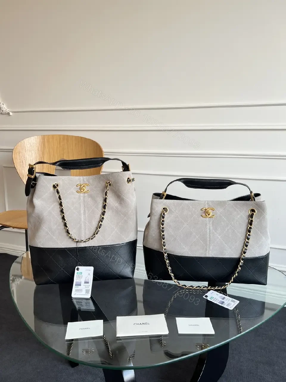 View 6 of Two-Tone Quilted Luxury Tote with Chain Detail Bag
