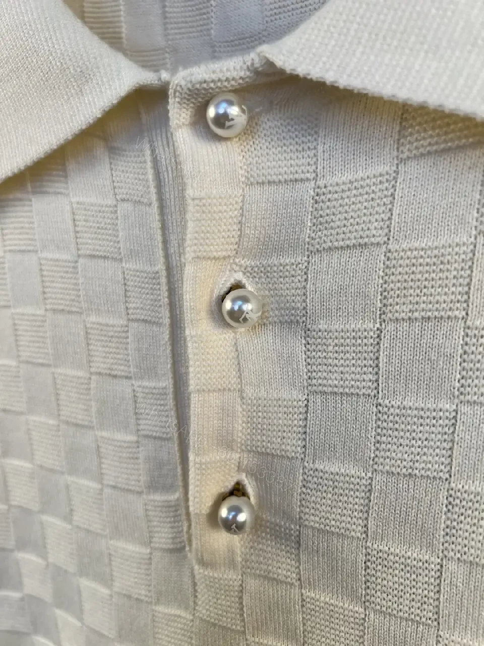 View 9 of Off-White Cream Polo Shirt, Subtle Grid Pattern, 3-Button Placket