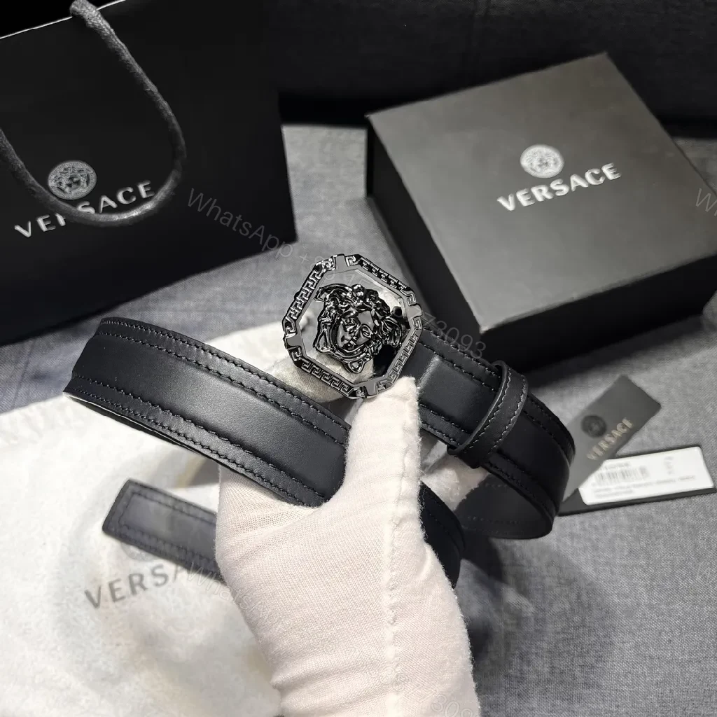 Bold Black Leather Belt with Medusa Buckle - Modern Geometric Design — view 1