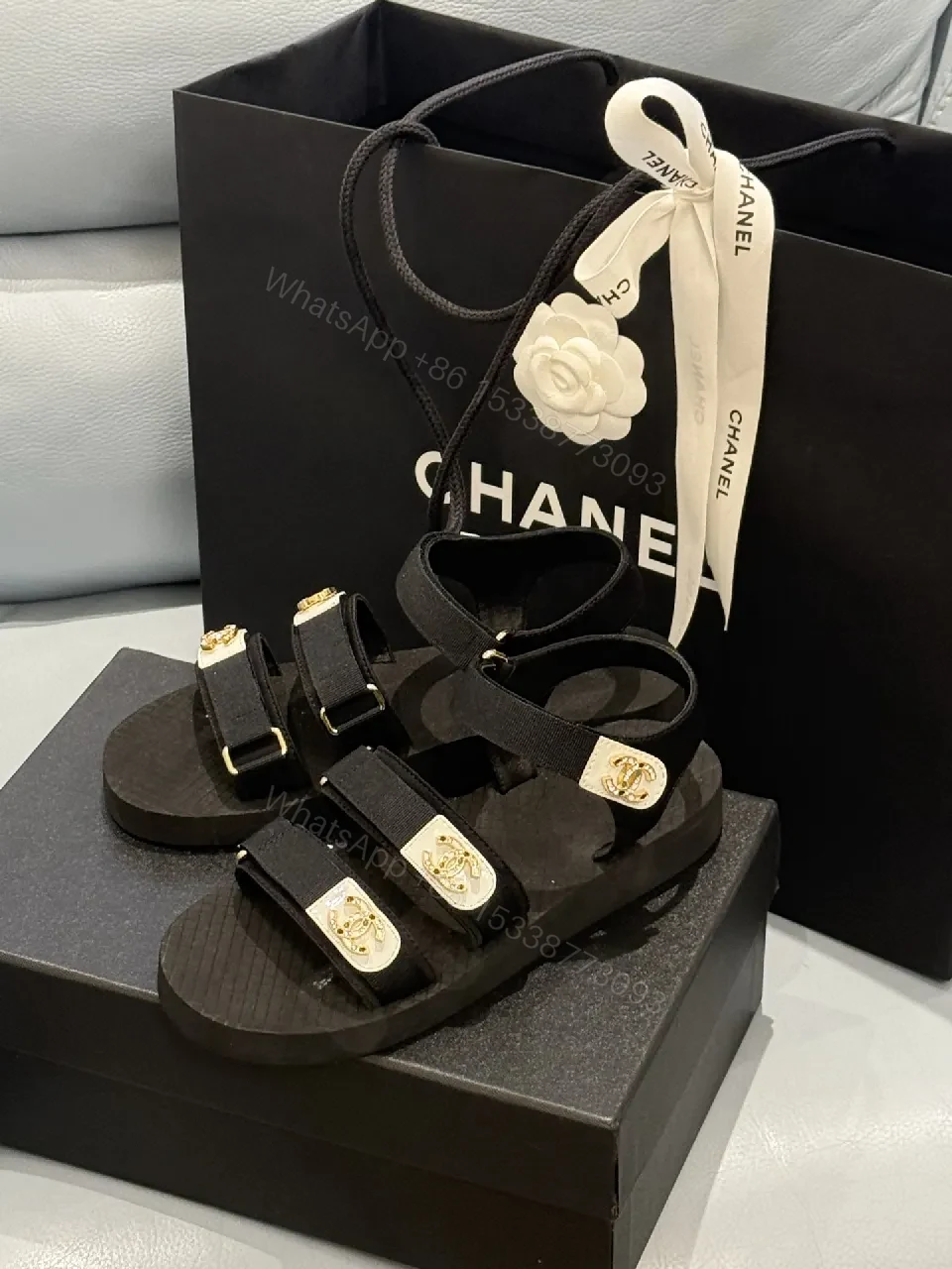View 6 of Black Synthetic Strappy Sandals – Luxe Comfort, Gold Hardware