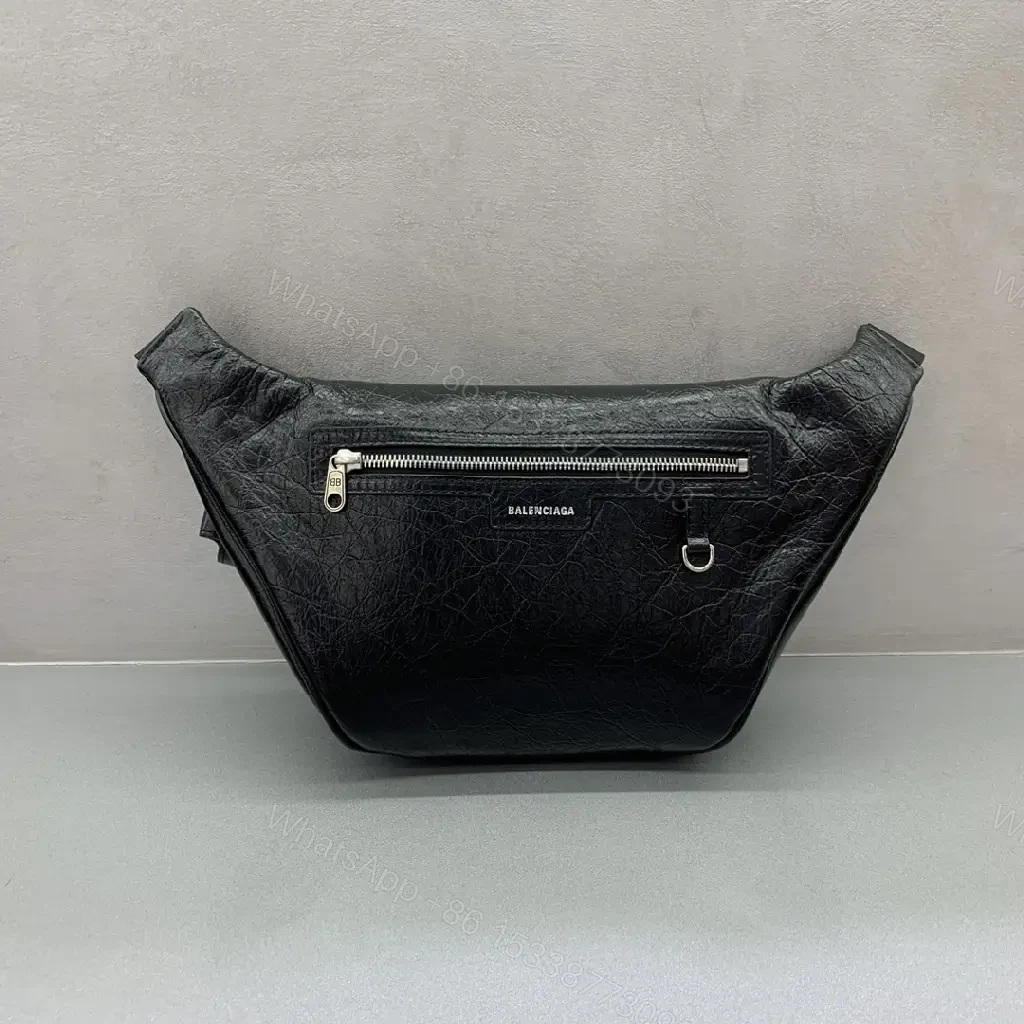 View 9 of Black Textured Leather Belt Bag — Minimalist, Multi-Pocket Utility