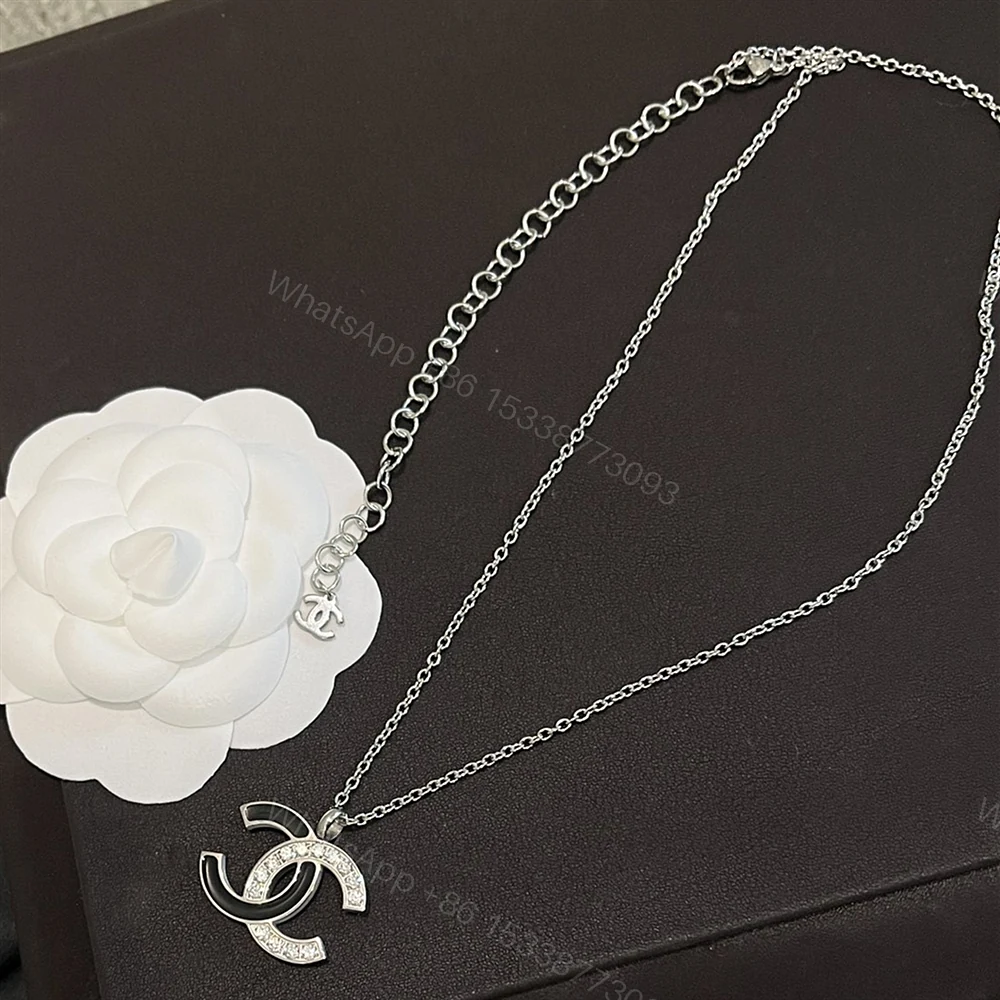 View 2 of Chanel Cc Logo Pendant Necklace White Stones And Black Enamel Silver