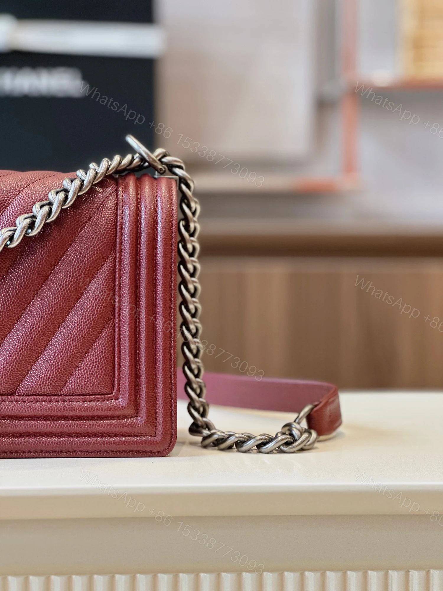 View 3 of Chanel Boy Medium Handbag Woman’s V-Pattern Red Leather 25cm